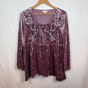 Style & Co. Women's‎ pink crushed velvet embroidered floral boho blouse sz small